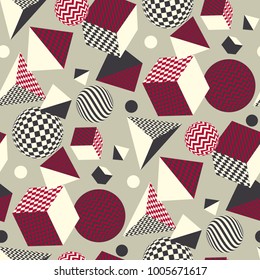 Abstract 3d geometric seamless pattern. Volume illusion geometry shapes repeatable motif in vintage retro colors. Graphic element for surface design, fabric, wrapping paper.