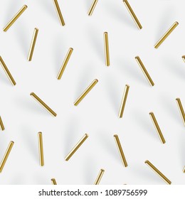 Abstract 3d geometric seamless pattern with cylinder shapes. Vector realistic illustration of golden capsules with shadows. Modern minimalistic background