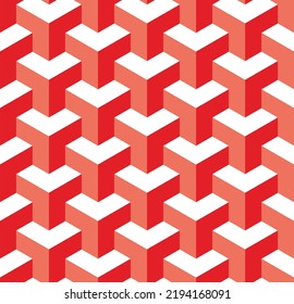 Abstract 3D Geometric Seamless Pattern Cube Columns Vector Background Design Perfect for Allover Fabric Print or Wrapping Paper Red White Coral Tones