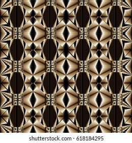 Abstract 3d geometric seamless pattern background wallpaper  with geometrical figures, shapes, triangles, rhombus, greek key and modern black and gold ornaments. Vector surface 3d texture.