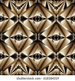 Abstract 3d geometric seamless pattern background wallpaper  with geometrical figures, shapes, triangles, rhombus, circles, greek key and modern black and gold ornaments. Vector surface 3d  texture.