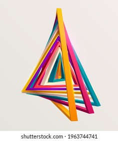 Abstract 3D geometric shape of colorful triangles. Bright minimalistic graphic element.