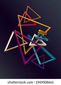 Abstract 3D geometric shape of colorful triangles. Bright minimalistic graphic element.