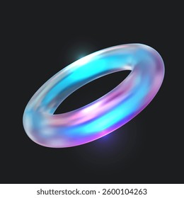 Abstract 3d geometric shape from colorful glass or iridescent chromatic metal isolated on black background. Realistic vector ring object. Modern futuristic design element.