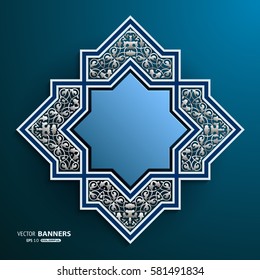 Abstract 3D geometric shape with floral elements on blue background