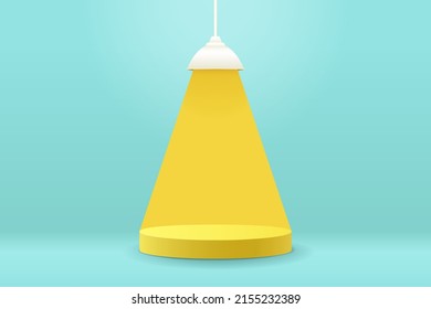 Abstract 3d geometric shape minimal with ceiling lights illuminate the pedestal for displaying products, Blue studio background with white lamp and yellow podium, Vector illustration