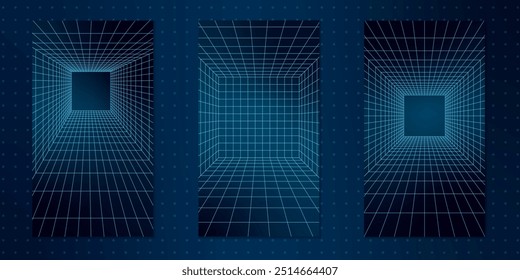 Abstract 3D geometric shapes forming wireframe grid structures. Neon blue lines on a dark background create a retro futuristic y2k tech aesthetic. Perspective tunnels and cyber elements.