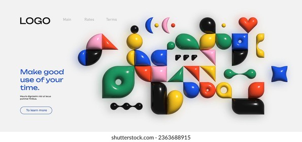  Abstract 3D geometric shapes inspired by Bauhaus and Memphis design. Bold brutalist forms blend with playful triangles and squares. Dynamic composition. Ideal for posters, covers or backgrounds