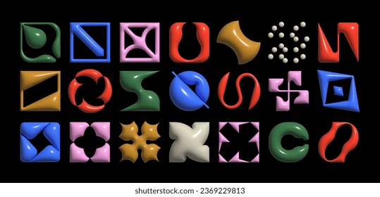 Abstract 3D geometric shapes inspired by Bauhaus and Memphis design. Bold brutalist forms blend with playful triangles and squares. Dynamic composition. Ideal for posters, covers or backgrounds