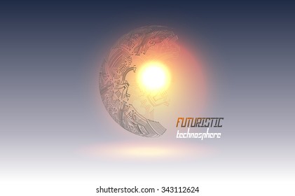 Abstract 3d geometric sphere shape with glow core. Broken electronic scheme. Futuristic graphic design.