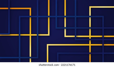 Abstract 3D Geometric Square Stripes Lines Paper cut Background with Dark Blue and Gold Colors Realistic Decoration Pattern