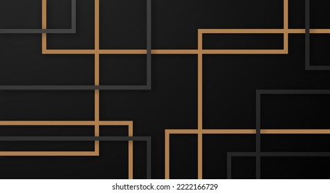 Abstract 3D Geometric Square Stripes Lines Paper Cut Background With Dark Black And Gold Colors Realistic Decoration Pattern