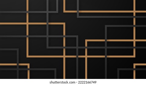 Abstract 3D Geometric Square Stripes Lines Paper Cut Background With Dark Black And Gold Colors Realistic Decoration Pattern