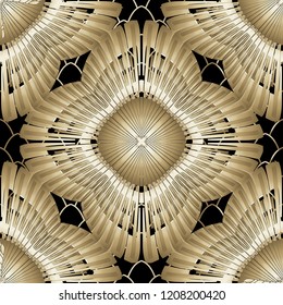 Abstract 3d geometric vector seamless pattern. Modern grid ornamental background. Abstraction. Repeat lattice textured backdrop. Surface texture. Geometrical radial shapes. Decorative ornate design