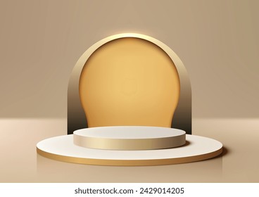 Abstract 3D geometric white podium with a gold archway behind it. Luxury style. Vector illustration