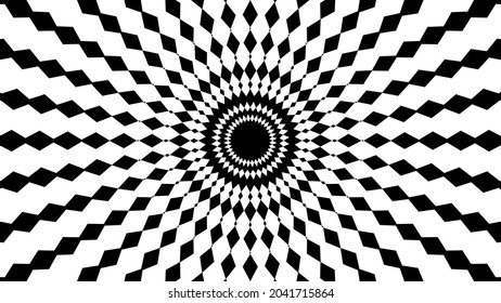 Abstract 3D geometrical background. Black and white striped pattern with optical illusion. Vector illustration kaleidoscope. Circus background, abstract pattern with banner element for show, fair.