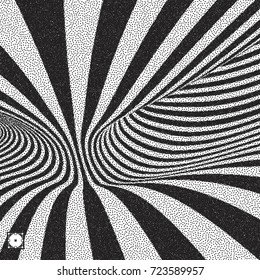 Abstract 3D geometrical background. Black and white grainy design. Pointillism pattern with optical illusion. Stippled vector illustration.