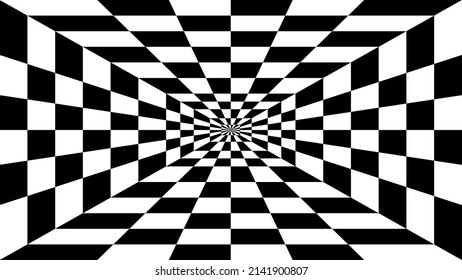 Abstract 3D geometrical black and white checkered line background. Pattern with optical illusion. Vector illustration kaleidoscope. Solar explosion. Sunburst rays.