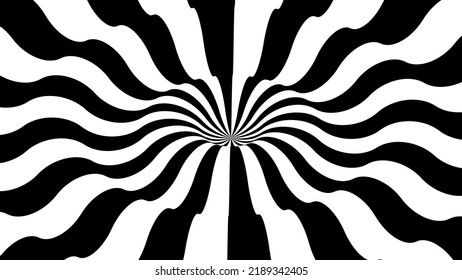 Abstract 3D geometrical black and white striped line background. Pattern with optical illusion. Vector illustration kaleidoscope. Solar explosion. Sunburst rays.