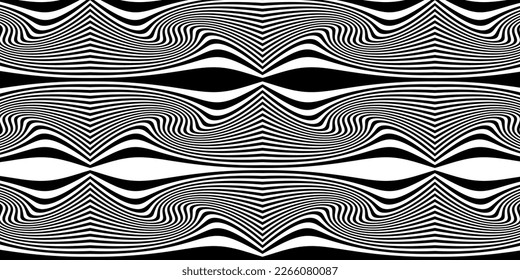 Abstract 3D geometrical black and white wavy line background. Pattern with optical illusion. Vector illustration.
