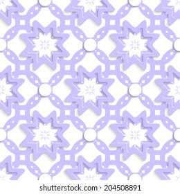 Abstract 3d geometrical seamless background. Light purple with stars and dots layered with cut out of paper effect.