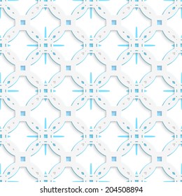Abstract 3d geometrical seamless background. White perforated ornament with blue snowflakes under and cut out of paper effect. 