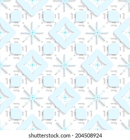Abstract 3d geometrical seamless background. Blue snowflake ornament layered on white rectangles perforated out of paper with blue rectangles on top.
