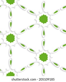 Abstract 3d geometrical seamless background. White simple flower swirl with green inside pattern with cut out of paper effect. 