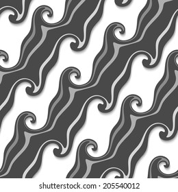 Abstract 3d geometrical seamless background. Dark gray striped curved lines and swirls with cut out of paper effect. 