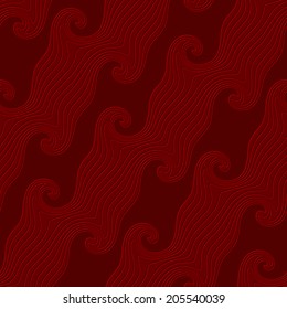 Abstract 3d geometrical seamless background. Red curved diagonal lines textured with emboss effect. 