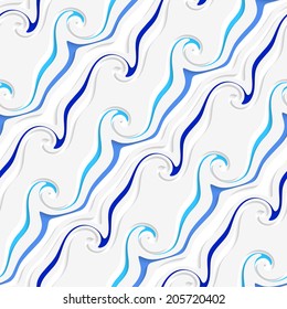 Abstract 3d geometrical seamless background. White curved lines and swirls perforated blue striped with cut out of paper effect.