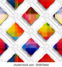 Abstract 3d geometrical seamless background. Rainbow colored rectangles on white ornament with cut out of paper effect. 