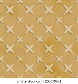Abstract 3d geometrical seamless background. Brown recycling paper with grange and stains layered with cut out of paper stars pattern.  