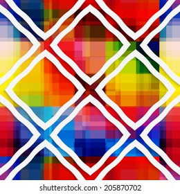 Abstract 3d geometrical seamless background. White rectangle rim ornament on rainbow background with cut out of paper effect. 
