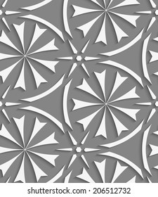 Abstract 3d geometrical seamless background. White geometrical flowers and stars with cut out of paper effect.