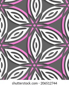 Abstract 3d geometrical seamless background. White geometrical flowers with pink stars on gray with cut out of paper effect. 