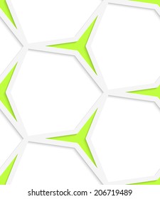 Abstract 3d geometrical seamless background. White hexagonal net and green stars with cut out of paper effect. 