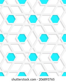 Abstract 3d geometrical seamless background. White geometrical detailed with blue hexagons and cut out of paper effect.  