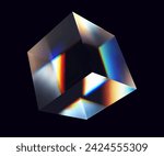 Abstract 3d glass cube. Geometric figure in holographic color on a white background. Pink shape object and design element.