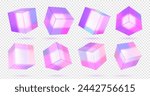 Abstract 3d glass cube. Geometric figure in holographic color on a white background. Pink shape object and design element.