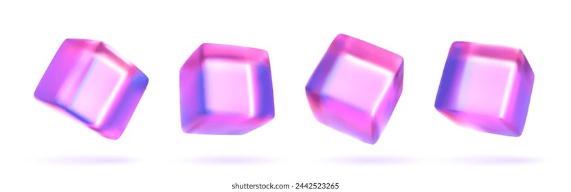 Cubo de vidrio 3D abstracto. Figura geométrica en color holográfico sobre fondo blanco. Objeto de forma rosa y elemento de diseño.