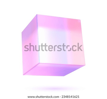 Abstract 3d glass cube. Geometric figure in holographic color on a white background. Pink shape object and design element.