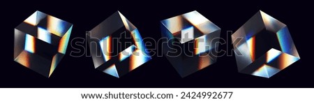 Abstract 3d glass cube. Geometric figure in holographic color on a white background. Pink shape object and design element.