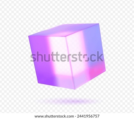Abstract 3d glass cube. Geometric figure in holographic color on a white background. Pink shape object and design element.