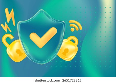 Abstractas escudo de seguridad de vidrio 3D con icono de marca de verificación, bloqueado, icono de candado desbloqueado. Futurista control de protección de datos cibernéticos, fondo de gradiente borroso esmeralda con espacio de copia. Seguridad digital.
