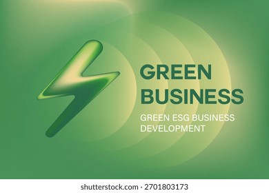 Abstract 3D glass texture lightning bolt glowing tunderbolt icon, environment protection, green sustainability business, blurred gradient background with copy space. Digital ESG development