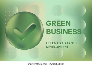 Abstrato esfera de textura de vidro 3D ou bolha com ícone de marca de seleção brilhante, proteção do ambiente, negócios de sustentabilidade verde, fundo de gradiente borrado com espaço de cópia. Desenvolvimento digital ESG