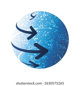 An abstract 3d glittering spinning sphere design with and directional arrows sweeping across its surface, symbolizing digital flow, data movement, or global connectivity on a clean white background.