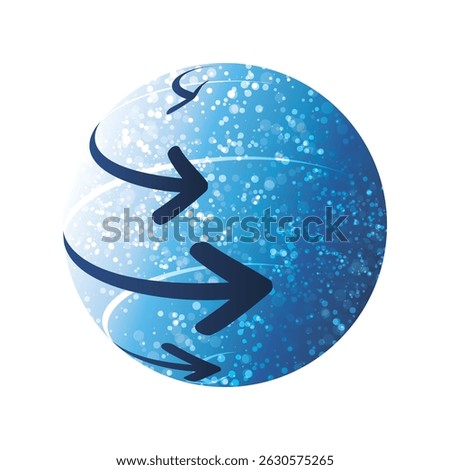 An abstract 3d glittering spinning sphere design with and directional arrows sweeping across its surface, symbolizing digital flow, data movement, or global connectivity on a clean white background.
