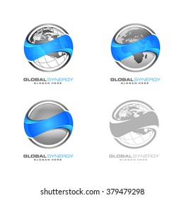 Abstract 3D Global Logo With Sphere And Global  Synergy Vector Logo Design